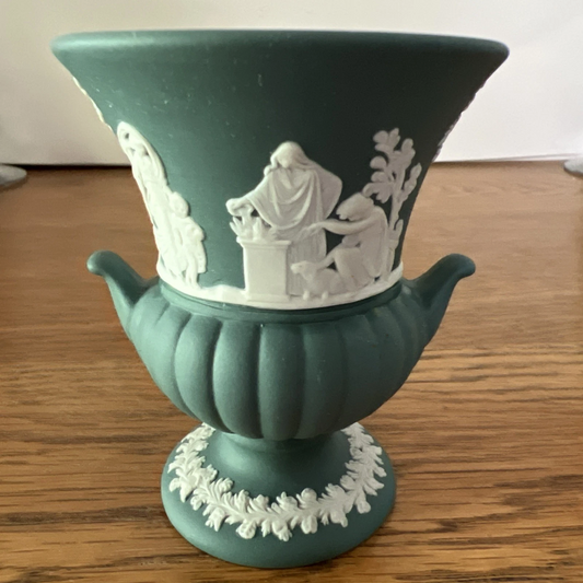 Vintage Style Teal Green & White Jasperware Mini Vase – 3.5” Decorative Piece