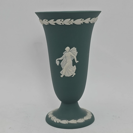 Vintage Style Teal Jasperware Mini Footed Vase – Classical Goddess Design – 4”