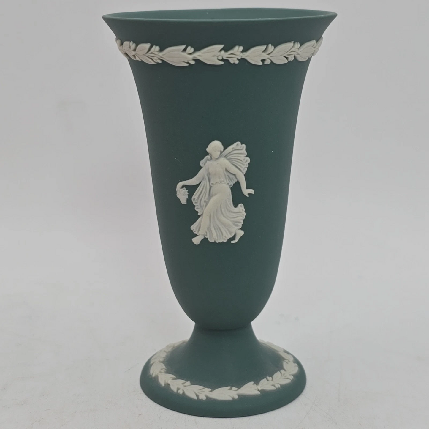Vintage Style Teal Jasperware Mini Footed Vase – Classical Goddess Design – 4”